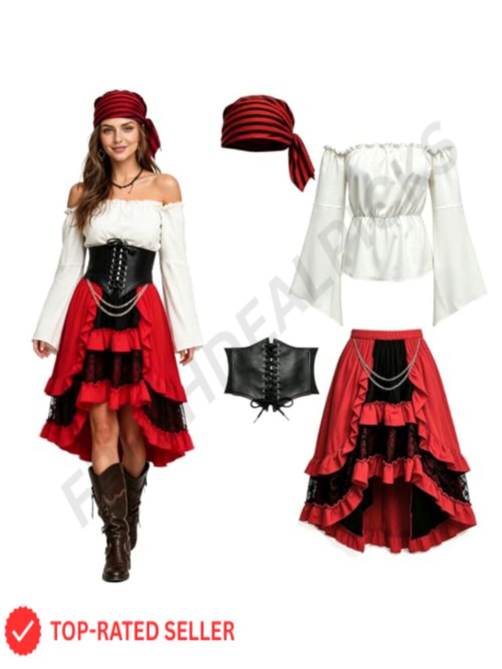 Women's Pirate Costume 4-Piece Set Corset Belt High-Low Skirt Halloween Ren